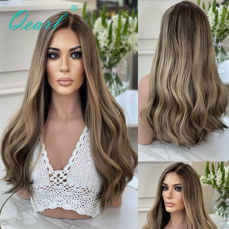 Women Girl Wigs Human Hair Full Lace Wig Natural Wavy 360 Lace Frontal Wigs Honey Blonde Brown Highlights Small Medium Cap Qearl