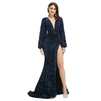 french dark blue elegant long sequin evening dresses sexy high slit cocktail vestidos de noche prom party gown robe soir%c3%a9e femme