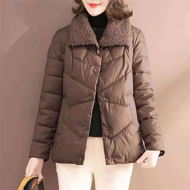 Winter Thin Down Jacket Women's Light Weight Cropped Puffy Jacket Warm Thick Single Breasted Parkas Casual Lamb Collar Outwear