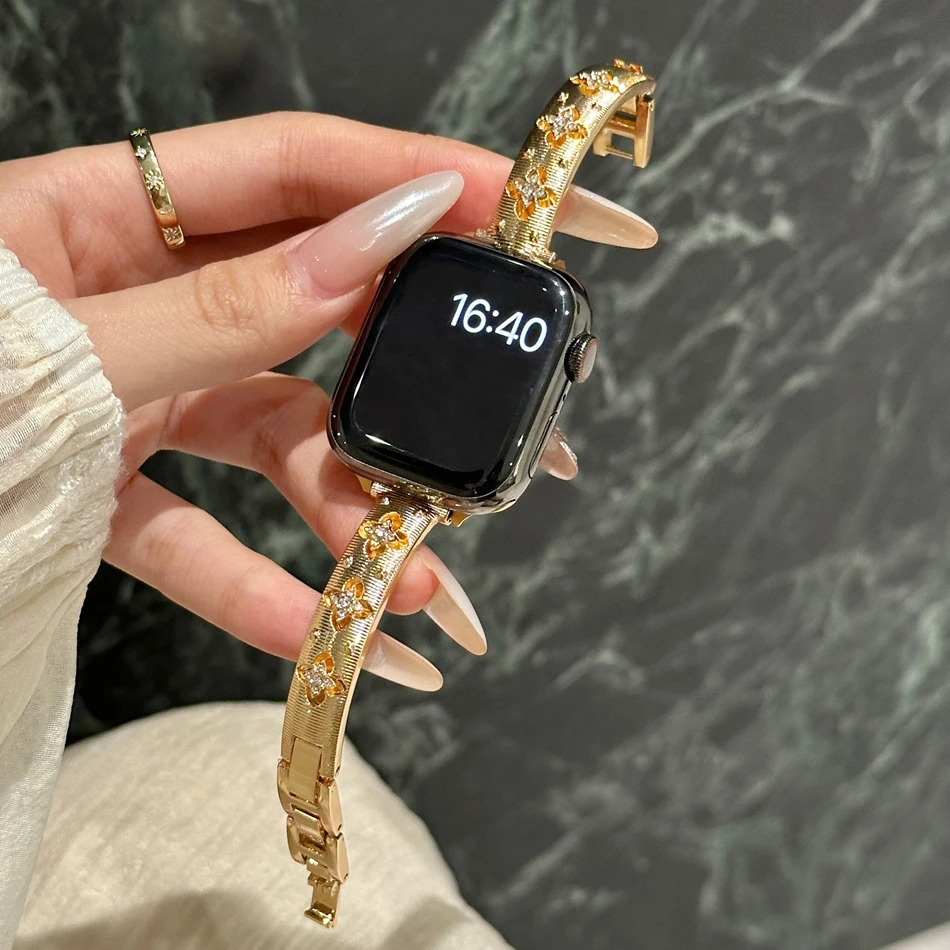 Полый металлический ремешок с цирконом для Apple iWatch Series 10 9 8 7 6 5 SE Ultra 2 Band 46 38 40 41 44 42 45