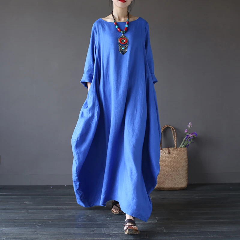 

Retro New Casual Dress Women Clothes O-Neck Summer 5 Color Vintage Three Quarter Sleeve Robe Maxi Cotton Robe Literature Art