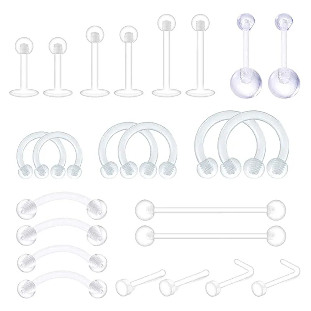 

40PCS Piercing Retainer Clear Bioflex Flexible Nose Tongue Eyebrow Tragus Navel Belly Nipple Barbell Lip Labret Stud Retainer