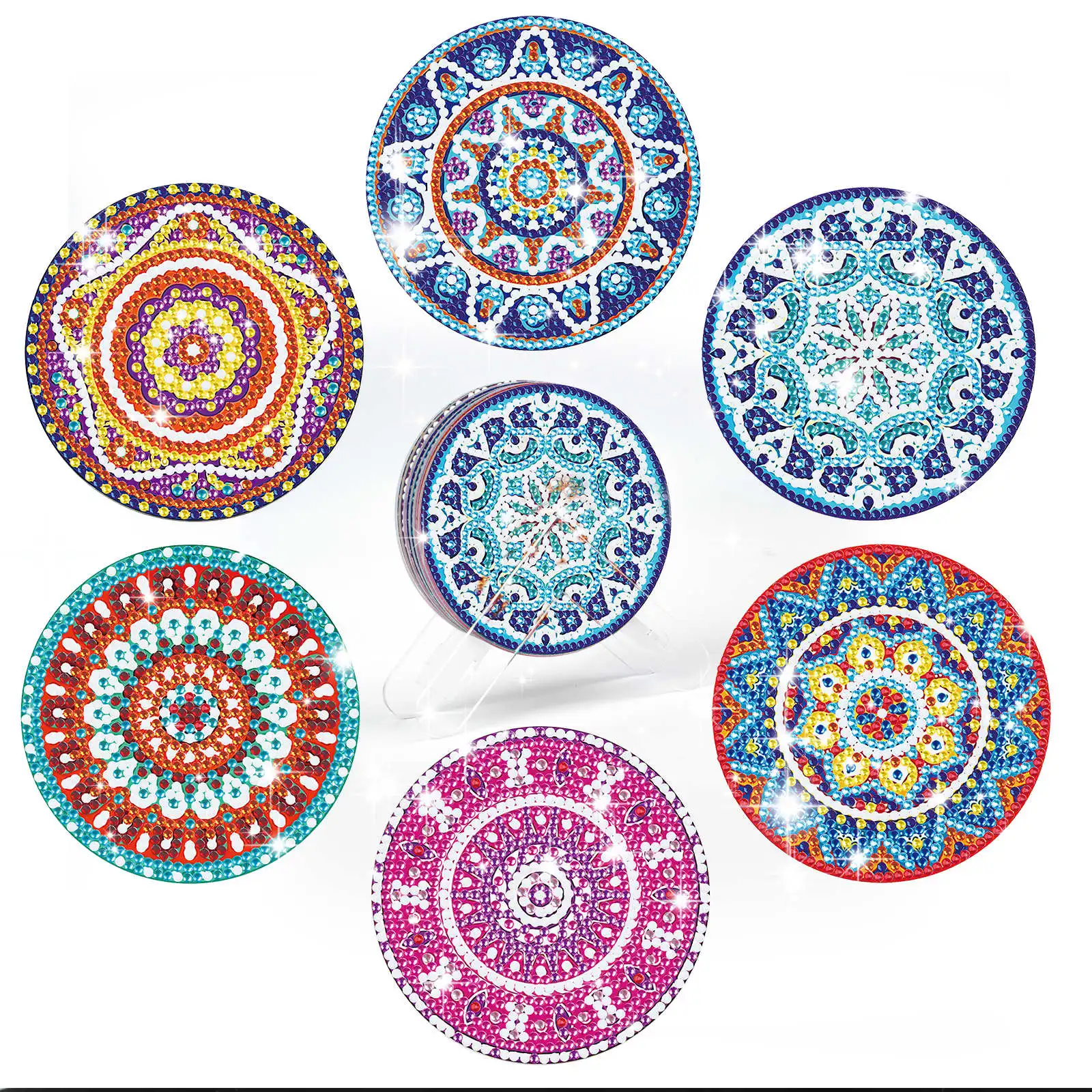 

6Pcs/Set DIY Diamond Painting Coaster Mandala Drink Cup Cushion Non-slip Table Placemat Insulation Pad With Coaster Holder Kits