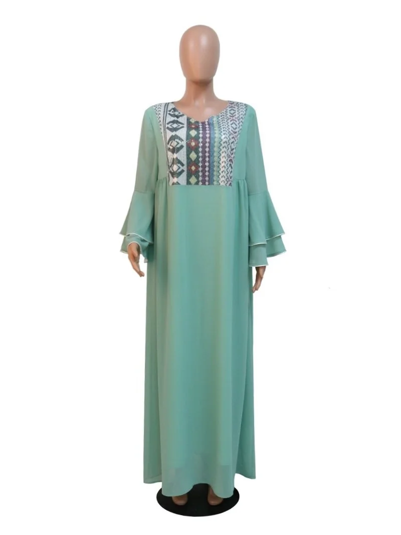 Women High Waist Flare Sleeve Loose Robes Fashion New Print Patchwork Jalabiya Abaya Muslim Ramadan Dress 2022