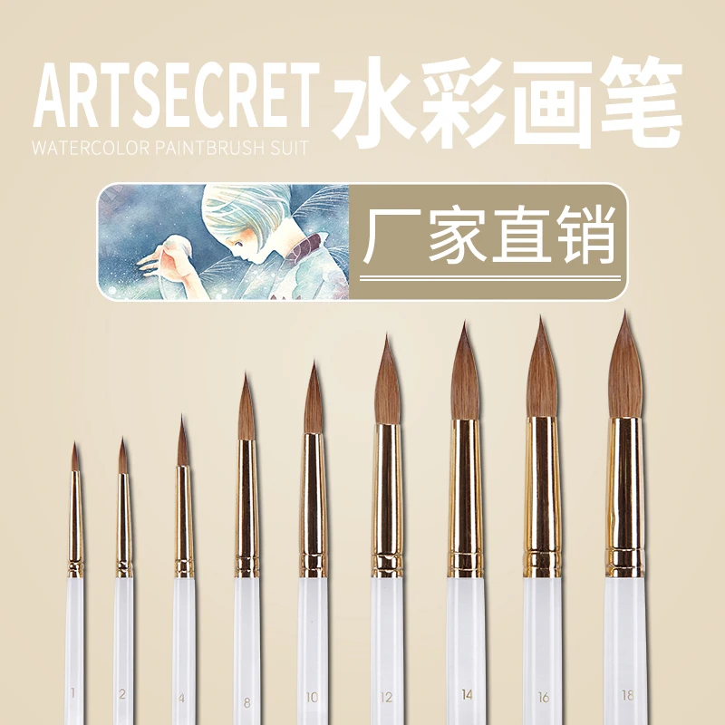 ArtSecret New Arrivals Watercolor Paints Brush 666R Pure Kolinsky Hair Acrylic Short Handle Brass Ferrule Stationery Art Tools