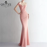 off shoulder pink evening dresses simple elastic mermaid formal evening gown ruched crisscross knot fitted prom party dress chic