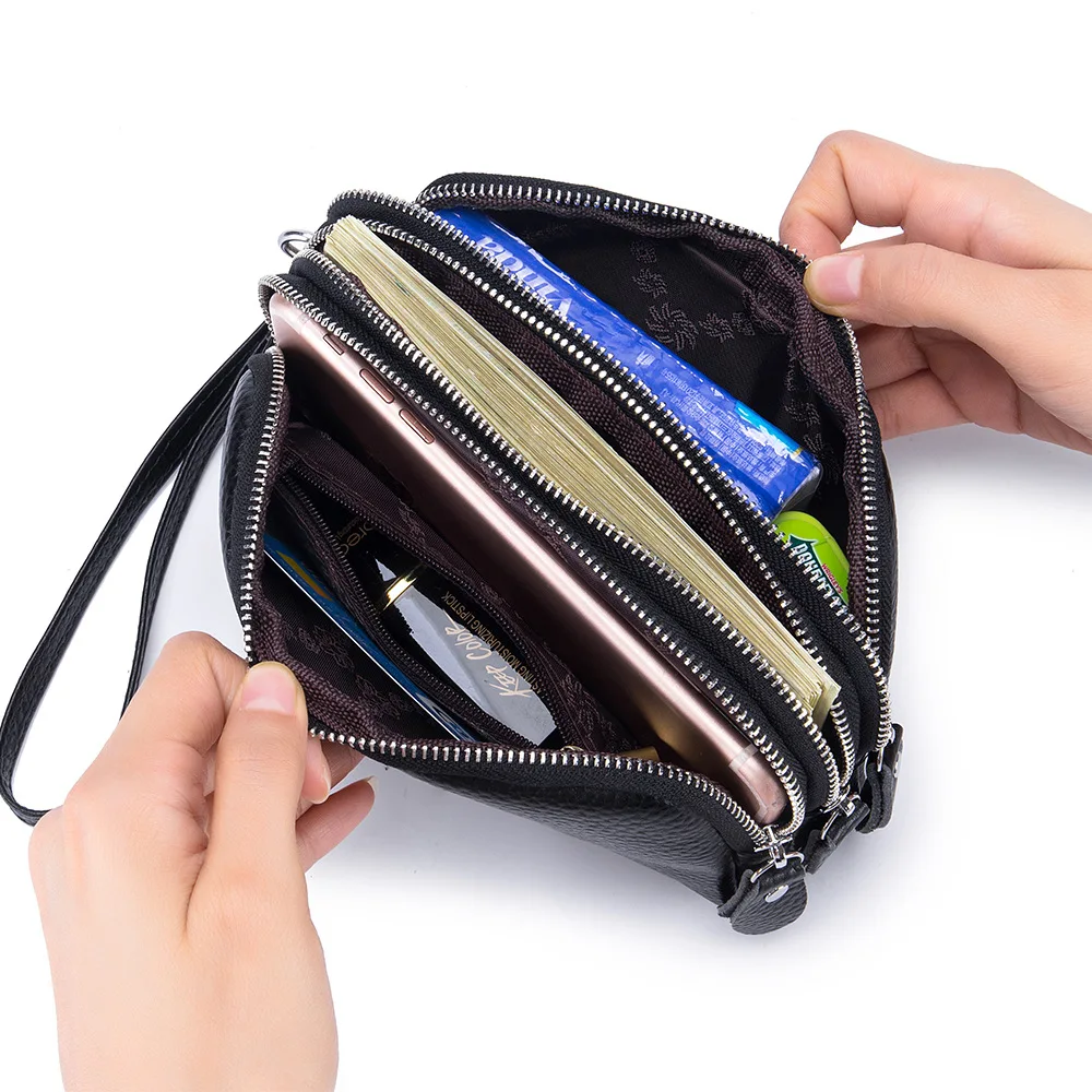 Aliwood High Quality Genuine Leather Long Women's Wallet Cowhide Clutch Bag 3-Layer Zipper Large-Capacity Phone Bags Coin Purse