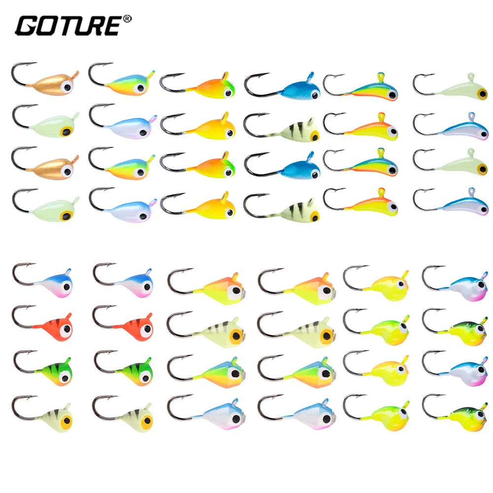 

Goture 8pcs/lot Ice Jig 0.9g 1.1g 1.6g 1.8g 2.3g 2.4g Fishing Lure for Panfish Winter Jig Luminous Lure with Fishing Tackle Box