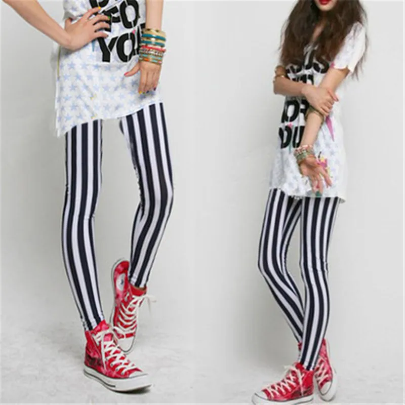 

Women Sexy New Lady Fashion Skinny Chic Look Vertical Leggings Black and White Spandex Zebra Stripe Pants Lovely New 2019