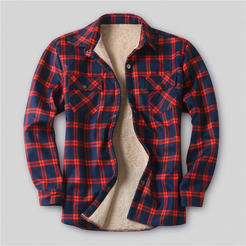 Thick Fleece Jacket Quilted Lined Long Sleeve Red Checkered Shirt For Man Camisas De Hombre