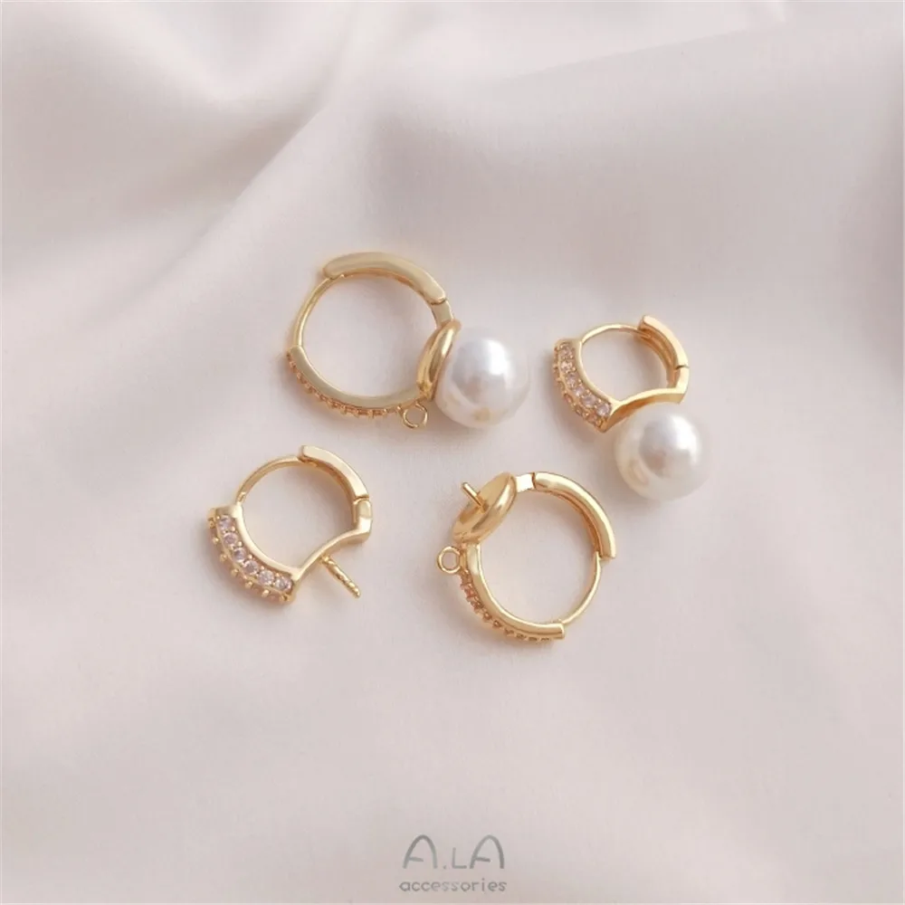 

Pearl clapper micro-inlaid zircon 14K gold plated half hole pearl clapper earrings DIY European fashion earrings