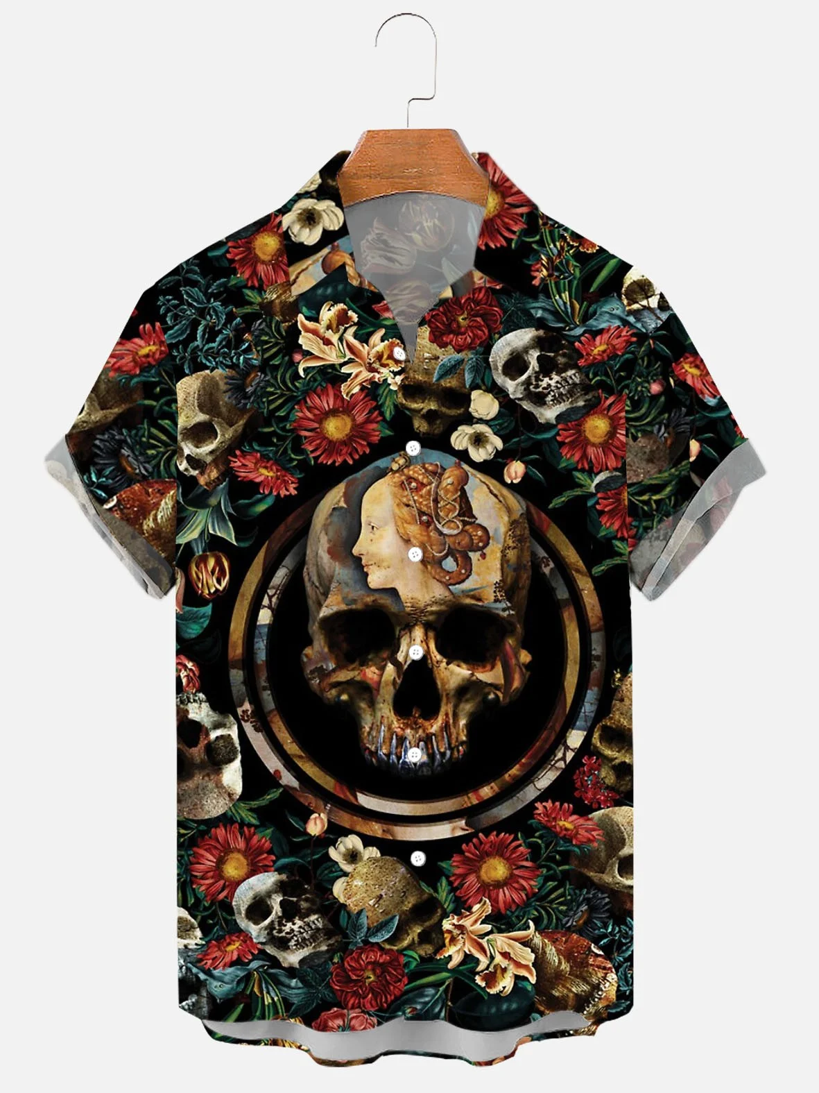 

Hawaii Loose Shirt, 3D Printed Skull Men's Shirt, Short Sleeved Street Clothes, Casual, Lapels, Buttons, Large Beach Top, Summer