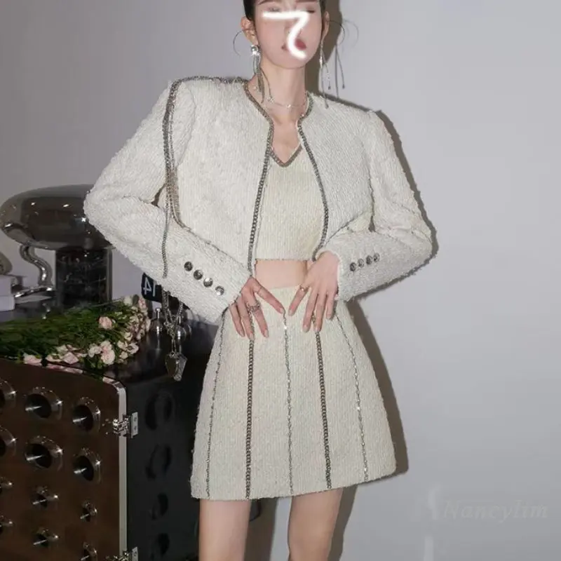 Rhinestone Chain Woolen Skirts Sets Womens 3 Piece Suit Spring Autumn 2023 Beaded Short Coat Tank Tweed Skirt Lady Chic Suits