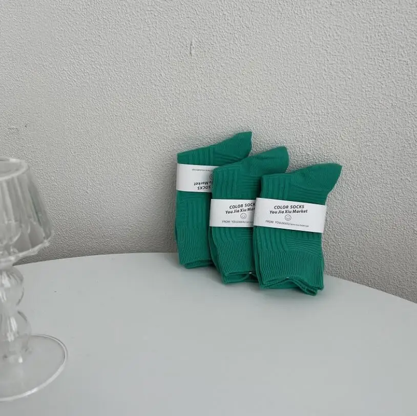 Thick Winter Pattern Knitted Green Crew Socks for Women Cotton Solid Knee High Striped Ankle Socks 5 Pairs/ Lot