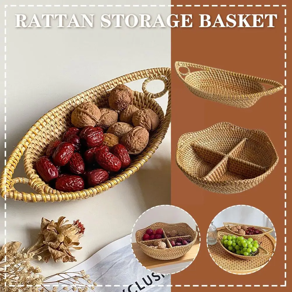

1pc Household Handwoven Oval Rattan Wicker Basket Fruit Snack Bread Serving Food Tray Supplies With Handle Kitchen Tools Br B0Y8