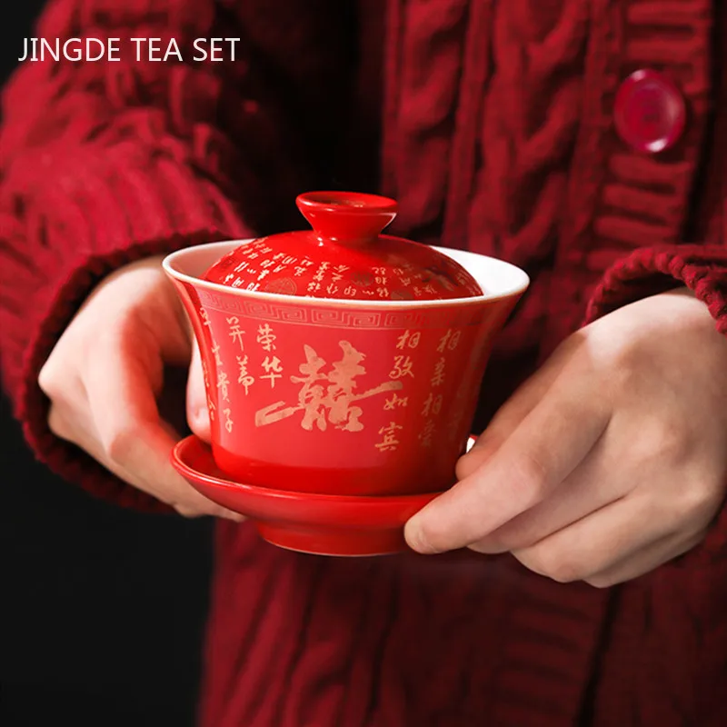 

Керамический фарфоровый чайник, чайник для китайского чайного сервиза, чайный сервиз для дома, качественный красный Gaiwan, Свадебный чайный набор, портативный чай 2 шт. с высоким