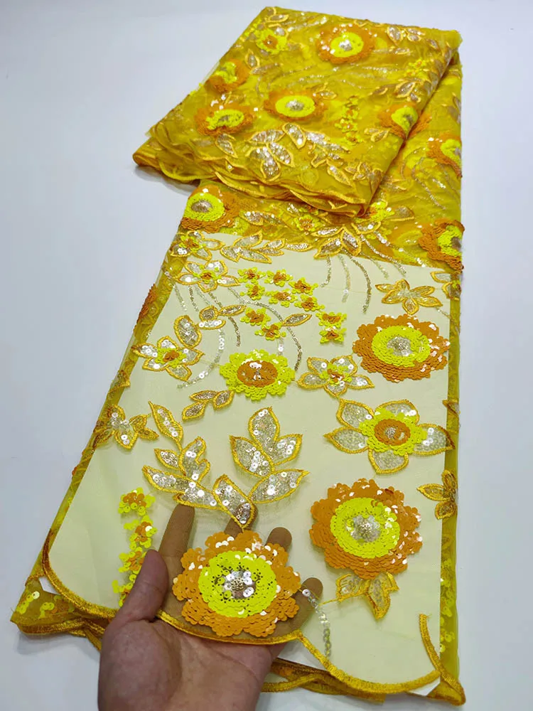 

5Yards Yellow African Net Lace Fabric With Sequins High Quality French Tulle Lace Nigerian Guipure Material For Wedding Dress