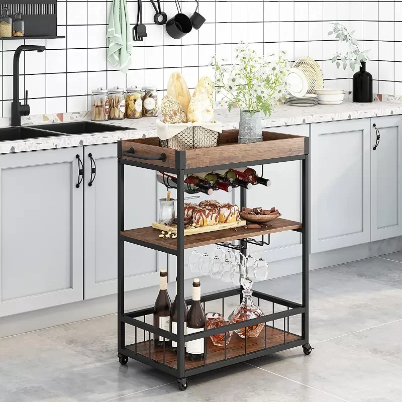 

Bar Cart for Home Mobile Wood Metal Kitchen Serving Cart Storage Rolling Storage Cart with Drawers