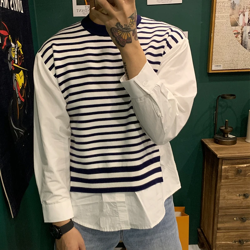 

2022 Men's Autumn Winter New Striped Stitching Pullovers Male Fake Two Piece Sweater Tops Men O-neck Loose Knitted Tops U19