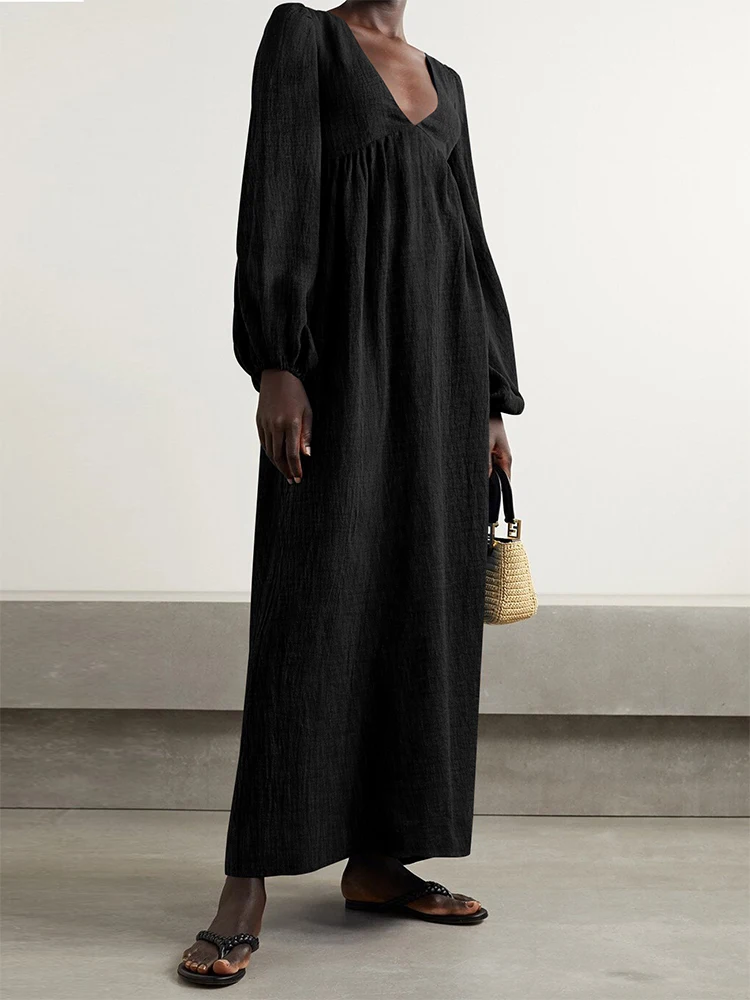 

Solid Color Sexy Low Cut V Neck Loose Maxi Dress 20223 Autumn New Women Skirt With Large Hemline Causal House Dresses A2753
