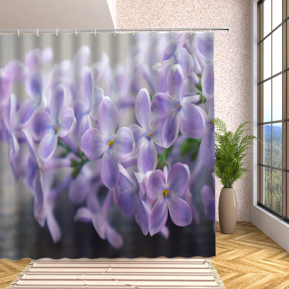 

Purple Hydrangea Flower Plant Shower Curtain Spring Elegant Watercolor Wild Floral Print Bathroom with Hooks Fabric Bath Screen