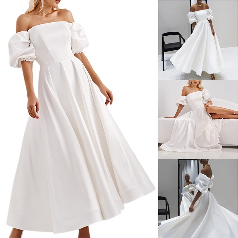 

New Mid-Length Skirt High Waist Temperament Commuter White One-Shoulder Big Swing Dress Cocktail Long Dress White