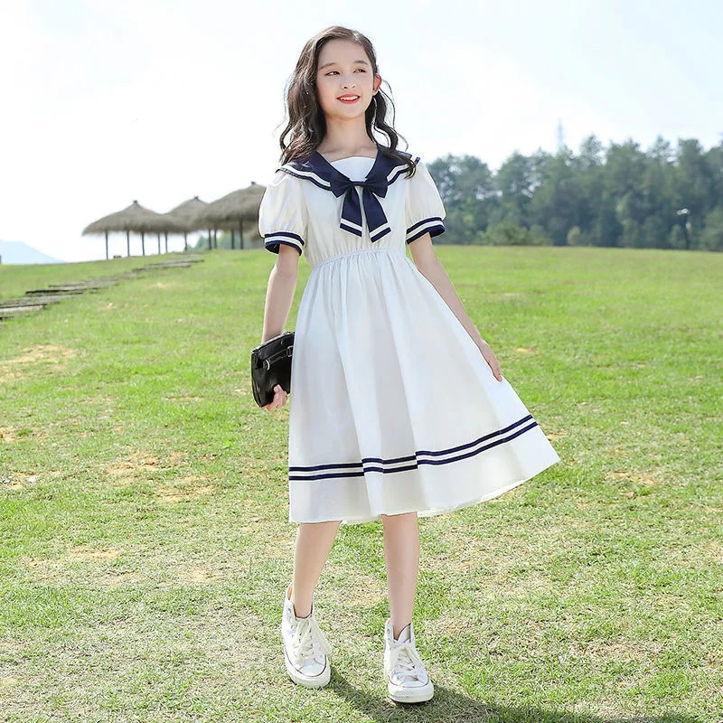 

New Summer Dress for Girls Short Sleeved Dresses Sailor CollarTeenagers Vestido Kids Princess Clothing 6 8 10 12 14