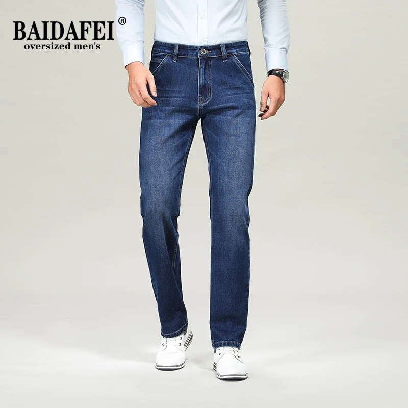 

Джинсы мужские состаренные классические, потертые брюки из денима, классические, повседневные, синие, черные, большие размеры 40, Осень-зима