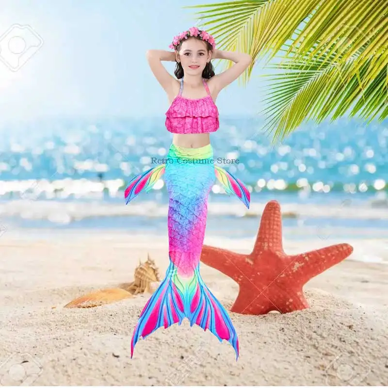 Mermaid Tail For Swimming Kids Girls Cosplay Colorful Bikini Bathing Suit Beach Dress Flippers Fin Cap Anime Costume |