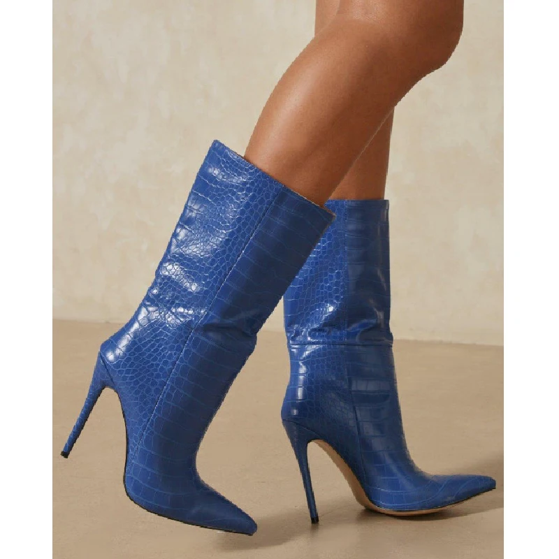 

Сапоги рыцарские женские до колена, заостренный носок, крокодиловый узор, высокий каблук, туфли-лодочки