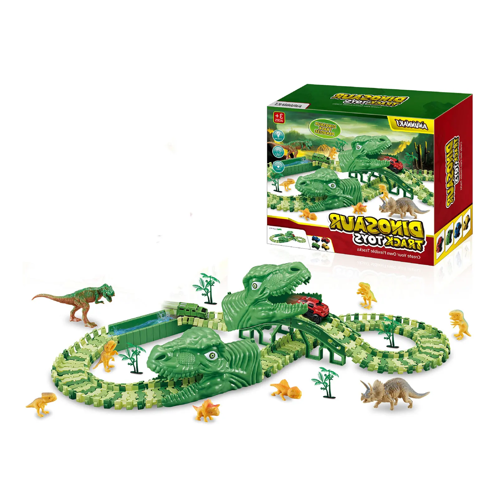 

Dinosaur Race Track 165Pcs Flexible Track Playset 8 Dinosaurs And Electric Race Car Dino Race Tracks For 3 4 5 6 7 8 Year And Up
