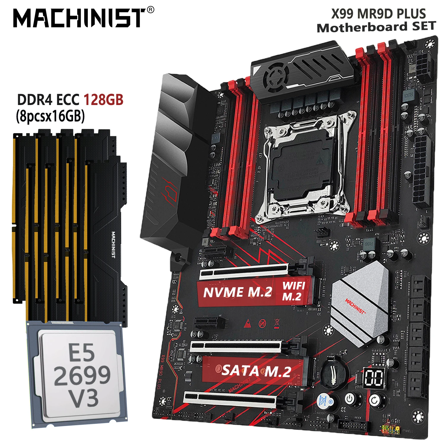 

MACHINIST X99 Motherboard Set LGA 2011-3 kit Intel Xeon E5 2699 V3 CPU 128GB=8x16G DDR4 ECC RAM Memory SSD NVME M.2 MR9D Plus