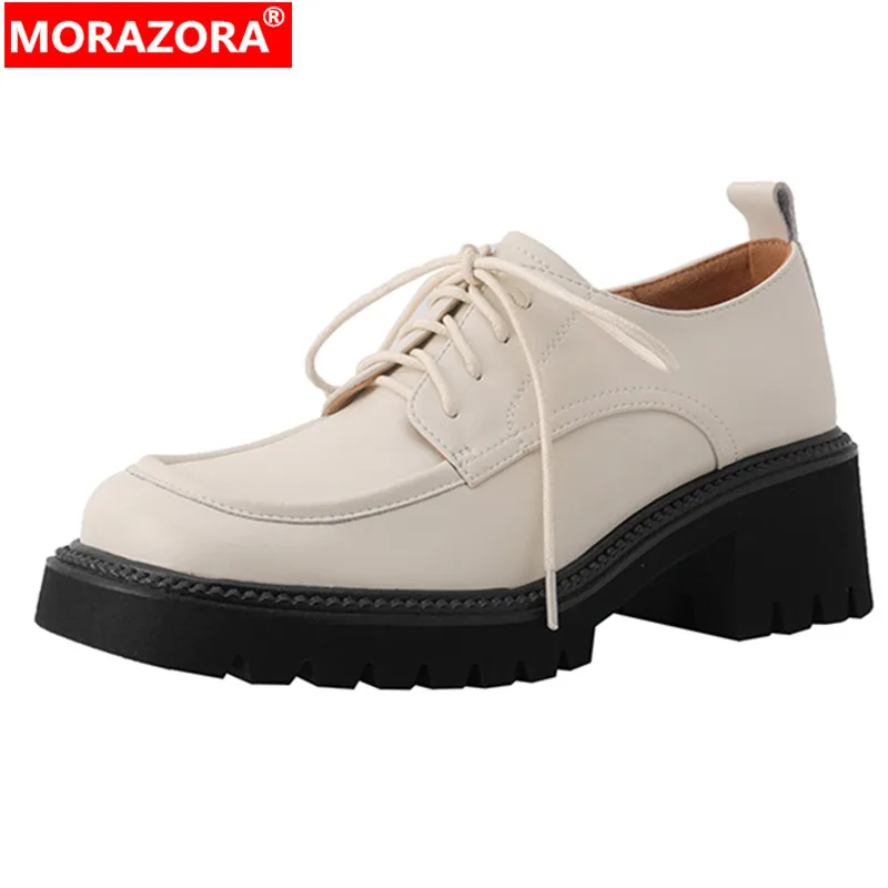 

MORAZORA 2023 New Genuine Leather Solid Shoes Woman Basic Thick Med Heels Single Shoes Narrow Band Ladies Dress Pumps