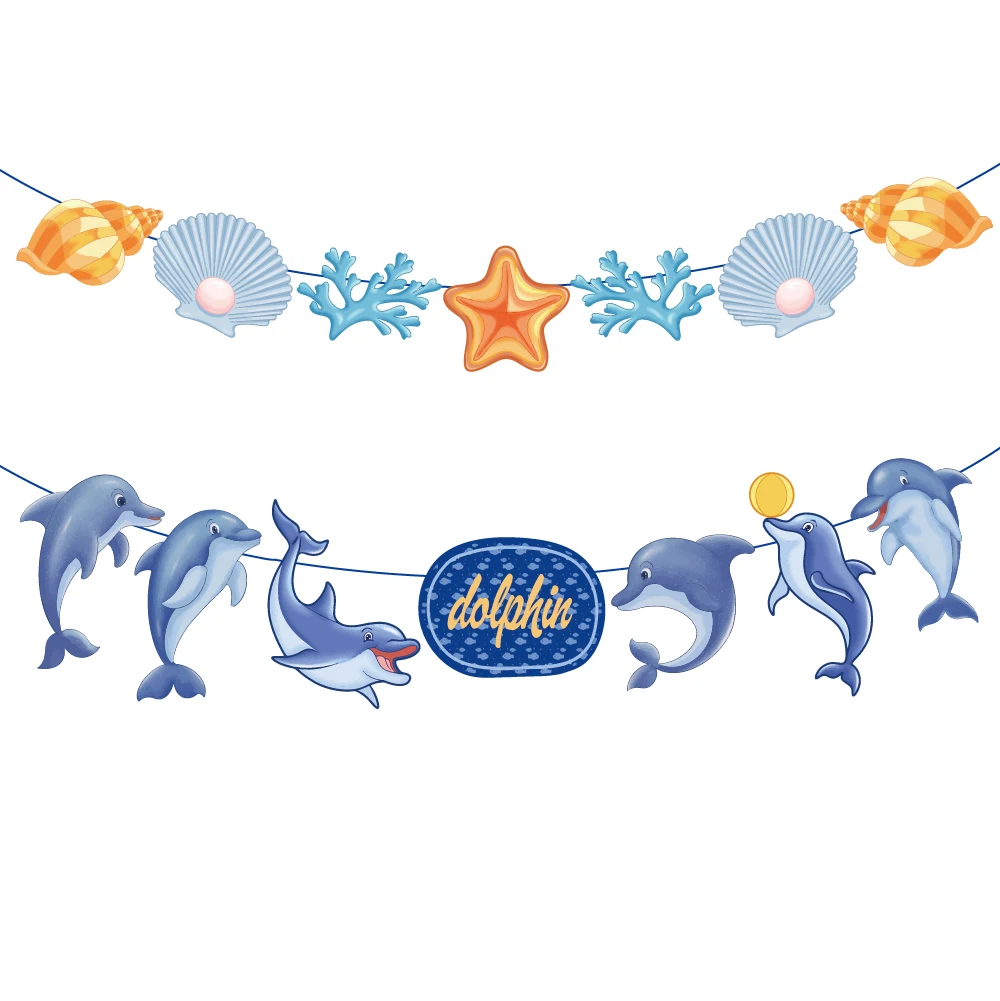 

Delphinus Cartoon Sea Animals Dolphin Shell Party DIY Wall Hanging Banner Flag Kids Happy Birthday Baby Shower Party Decorations