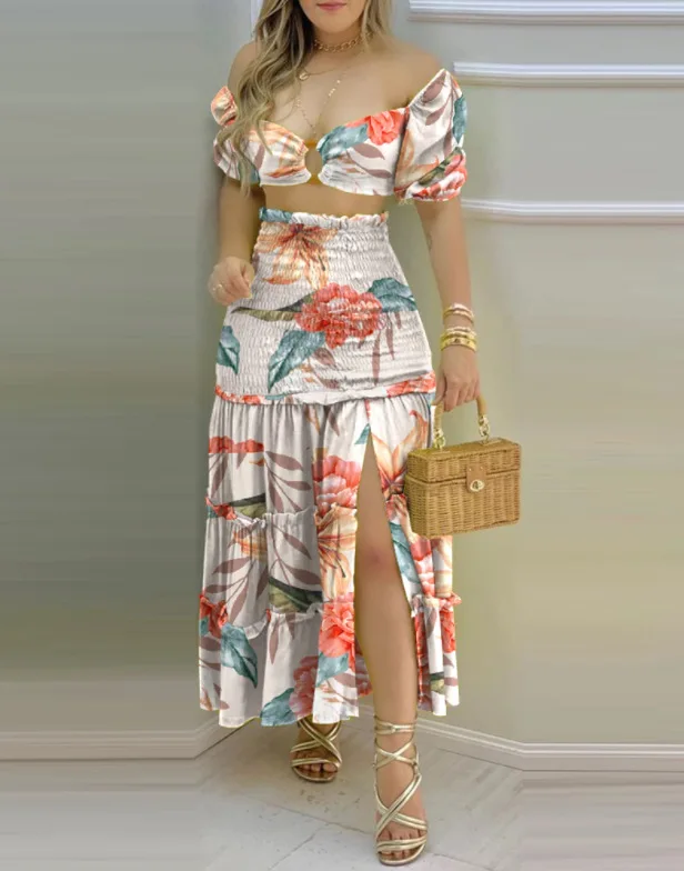 

Fashion Sexy Digital Printing One-shoulder Split Fashion Suit Women Skirts Suit Top and Skirt Two Pieces Female 2022 Summer