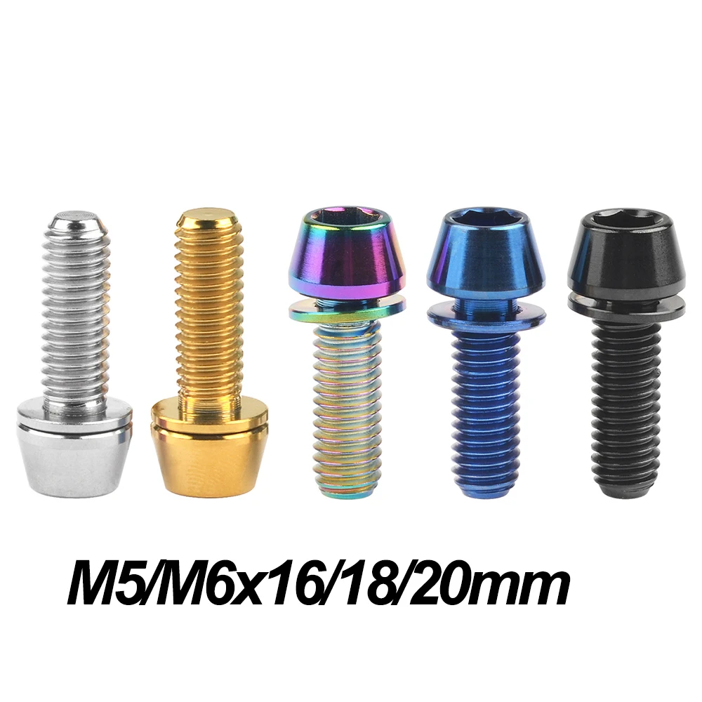 Xingxi Ti Titanium Bolts M5 / M6X16 18 20mm Conical Head Srews With Washer For Bicycle Stems Blue Black Rainbow Gold