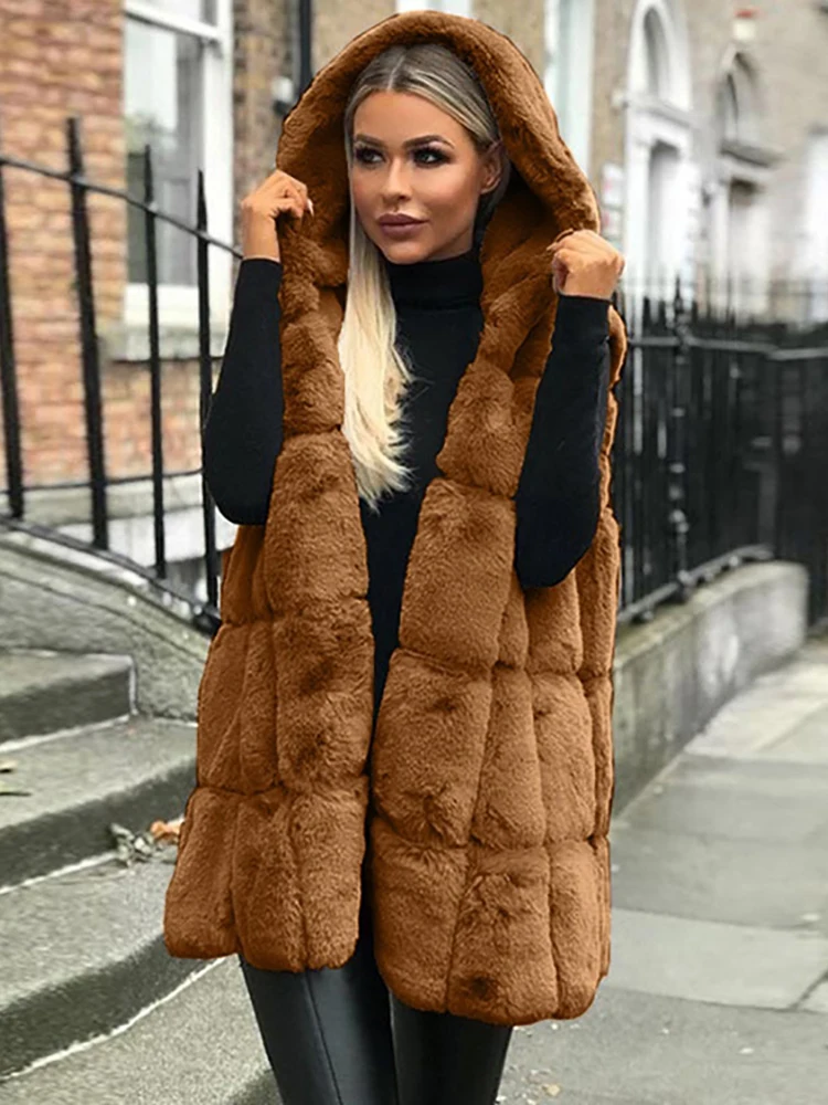 Autumn Winter Women Fox Fur Vest Hooded Fluffy Top Thick Warm Jacket Fashion Ladies Sleeveless Fleece Coat Female Outerwear 2022