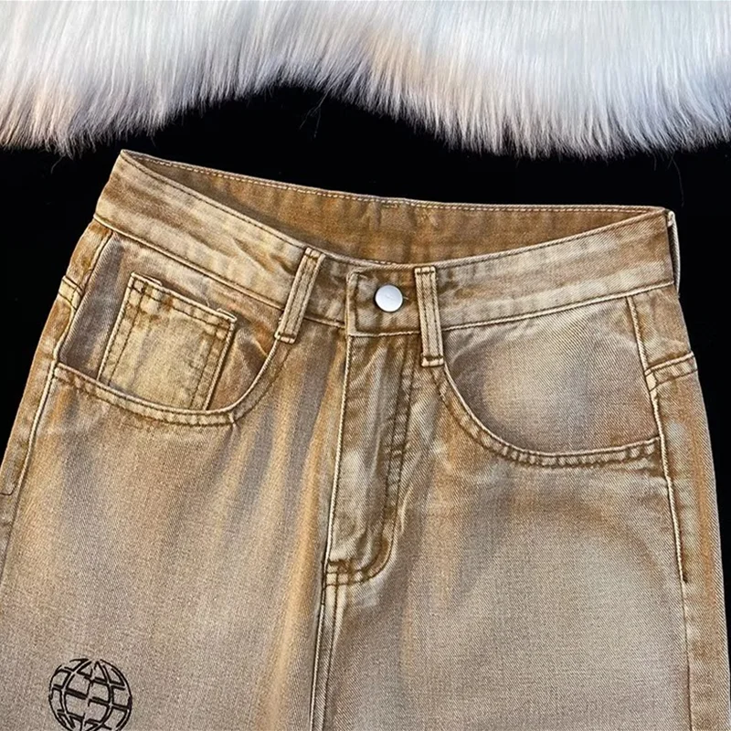 Streetwear Men Letter Graffiti Broad Leg Brown Jeans Autumn and Winter 2022 New Pattern Loose Mopping The Floor Trousers Female