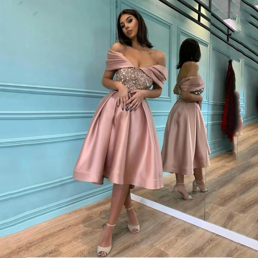 

Dusty Pink Celebrity Dresses Satin Homecoming Sequins Tea Length Off Shoulder Elegant Fashion Sexy Evening Party Prom Gowns New
