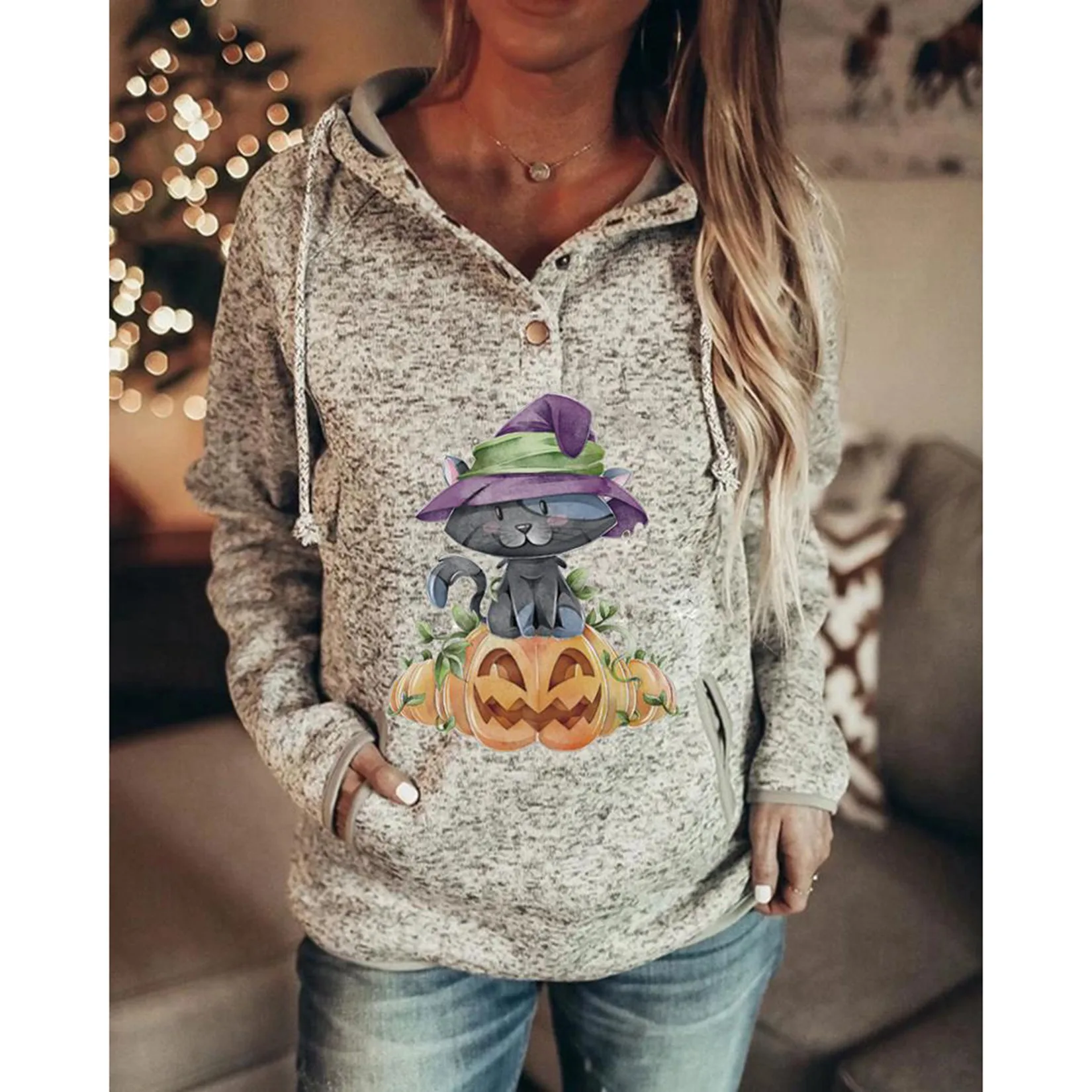 Women's Halloween Hoodie Pullover 3d Print Hooded Sweatshirt Button Down Sweatshirts Tops