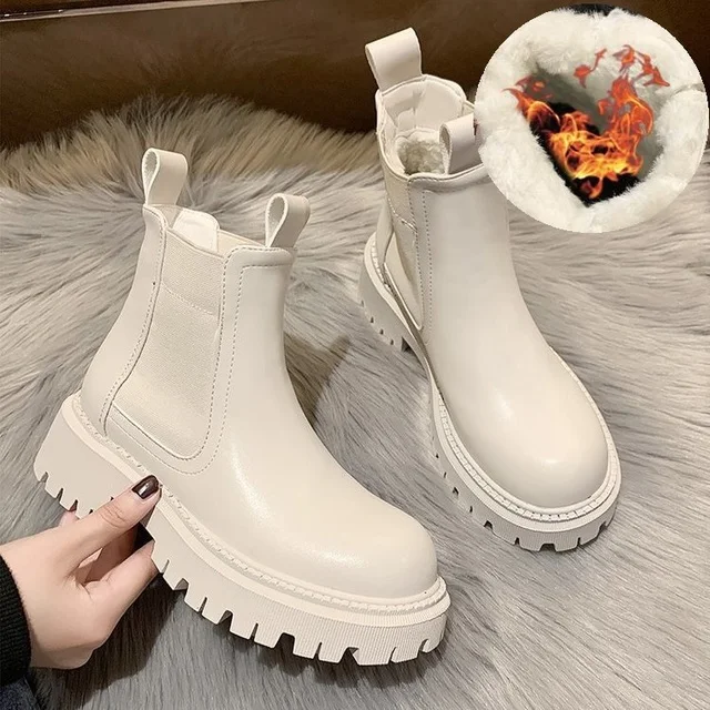 New Summer Winter Chelsea Boots Women Platform Ventilate Shoes Black White Ankle Boots for Women Fur Short Chunky Gothic Shoes