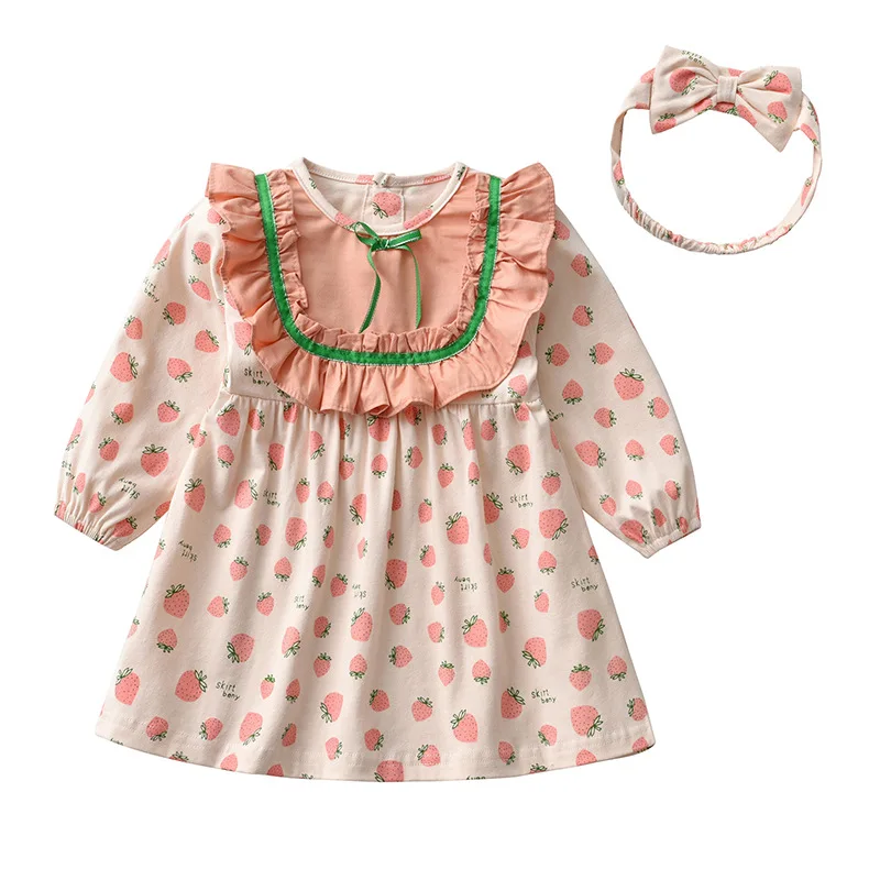 

Spring and Autumn Children's Dresses Infant Dresses Baby Girl Clothing Toddler Girl Fall Clothes Outing Strawberry Print Dress