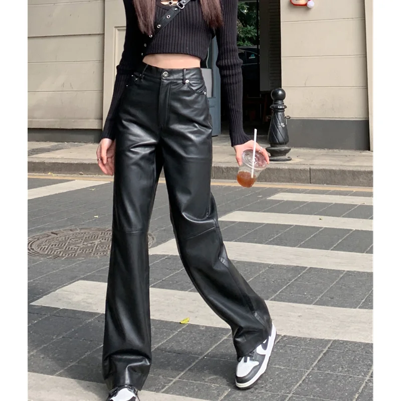 2023 Black Vintage Straight High Waisted Women's Leather Pants American Fashion Streetwear Trouser 2023 Casual Wide Leg Pants