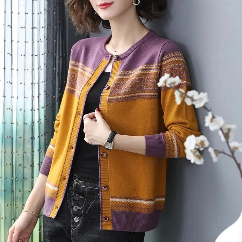 

Short Knitted Cardigan Sweater Jacket Women Spring Autumn Jacquard O-collar Single-breasted Long-sleeve Tops Lady Sweaters Coat