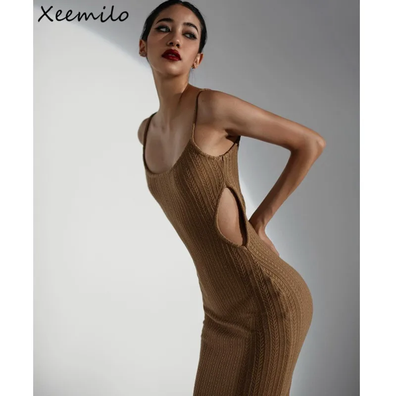

Xeemilo Spaghetti Straps Hollow Out Long Dress Vintage Knit Sleeveless Slim Prom Dresses Elegant Women Low-cut Backless Vestidos