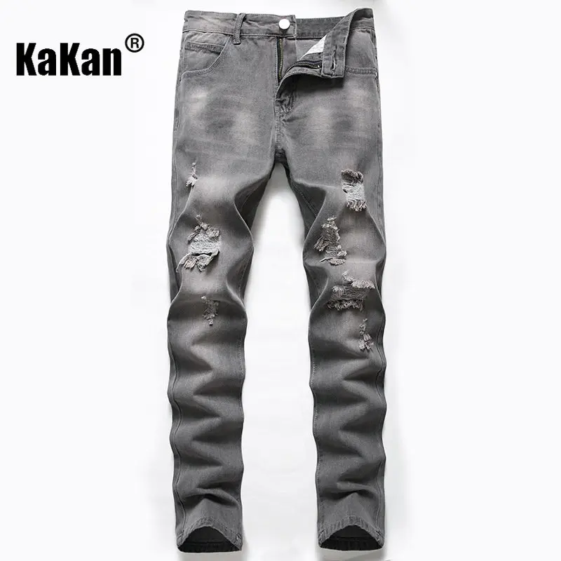 Kakan - European and American New Gray Black Distressed Jeans for Men, High Street Trend Straight Leg Long Jeans K36-348