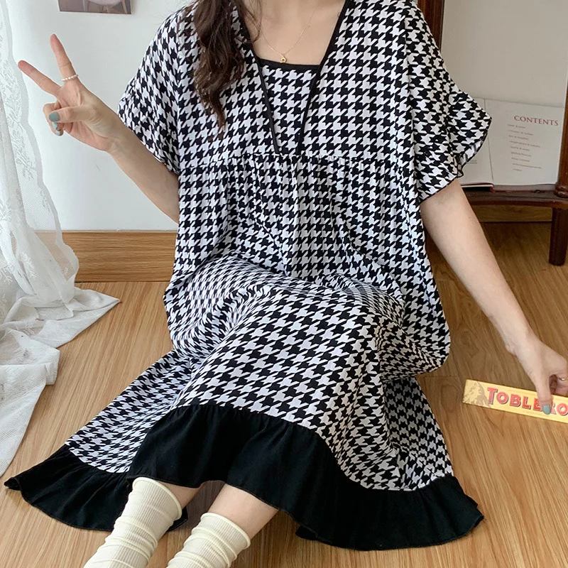 Summer Girls' Sweet and Lovely Short Sleeved Pajamas Women Loose Oversized Nightgown Household Clothes  Cute Colorful  Skirt
