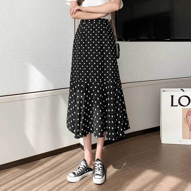 

All-match skirt 2022 spring new elastic waist chiffon dot printing high waist slim fishtail skirt fashionable women's clothing