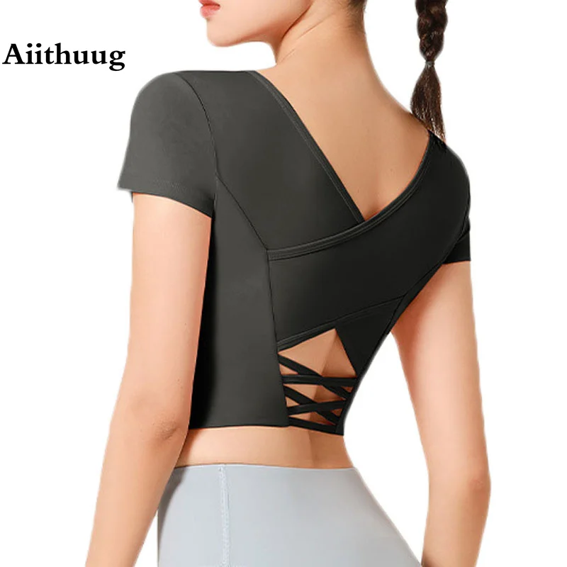 

Aiithuug Fitness Gym Workout Crop Tops Yoga Crops Sport Crisscross Back Breathable Shirts Active Bra Yoga Bras Golf Short Sleeve