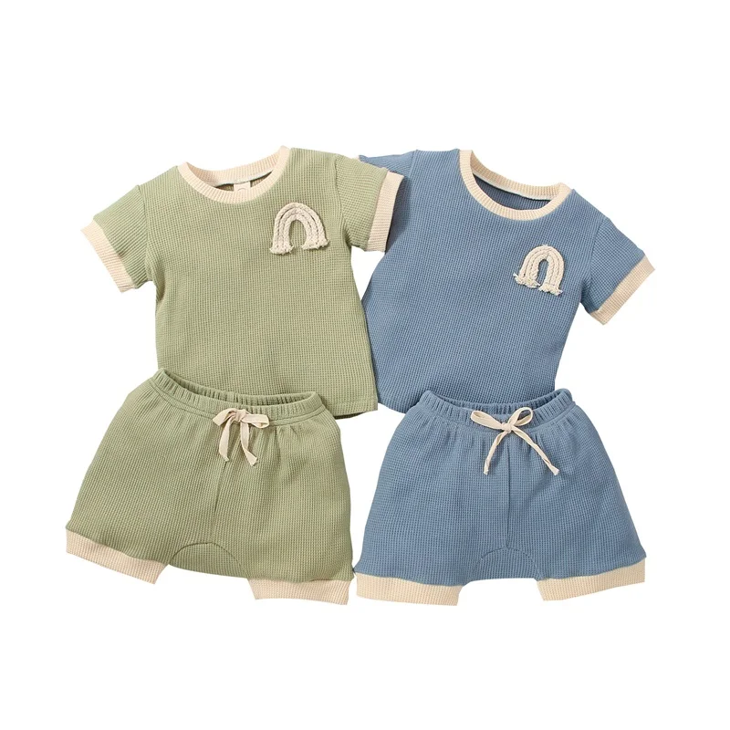 

2Pcs Baby Boys Girls Outfit, Toddlers Summer Color Matching Rainbow Pattern Round Collar Short Sleeve Tops + Shorts Set